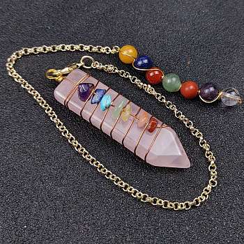 Natural Rose Quartz & Mixed Stone Braided Bullet Dowsing Pendulum Pendant Decorations, Chakra Yoga Theme Jewelry for Home Display, 48~52mm