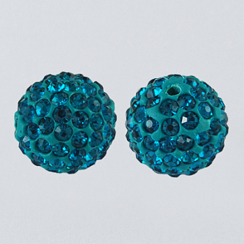 Pave Disco Ball Beads, Polymer Clay Rhinestone Beads, Round, Blue Zircon, 10mm, Hole: 1.5mm
