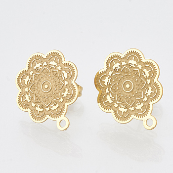 304 Stainless Steel Stud Earring Findings, with Loop, Flower, Golden, 17.5x15mm, Hole: 1mm, pin: 0.7mm