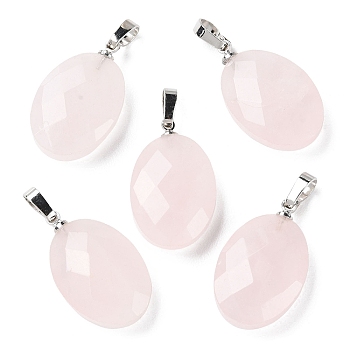 Natural Rose Quartz Pendants, Faceted Oval Charms with Platinum Plated Brass Snap on Bails, 21.8x13.4~13.5x6.2mm, Hole: 5.3x3.7mm
