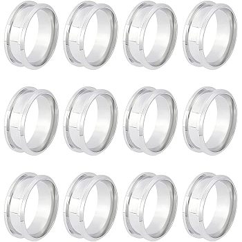 12Pcs 201 Stainless Steel Grooved Finger Ring Settings, Ring Core Blank, for Inlay Ring Jewelry Making, Stainless Steel Color, US Size 8(18.1mm), 7.5mm