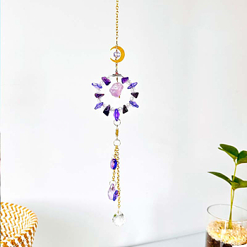 Ring Natural Amethyst Chip Window Hanging Suncatchers, with Glass Teardrop Charms and Metal Moon/Sun Link, 410mm