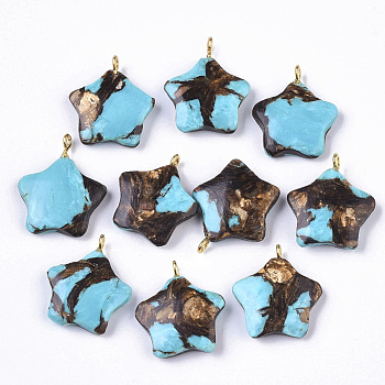 Assembled Synthetic Turquoise and Bronzite Pendants, with Golden Tone Iron Loop, Star, Sky Blue, 23~24x21x5mm, Hole: 2mm