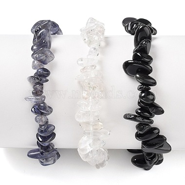 Chips Natural Cordierite & Quartz Crystal & Obsidian Beaded Stretch Bracelets Sets(X-BJEW-JB05332-03)-3
