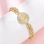Brass Micro Pave Clear Cubic Zirconia Link Bracelets for Women, Flat Round with Saint Benedict, Golden, 6-1/4 inch(15.8cm)(BJEW-G769-01G)
