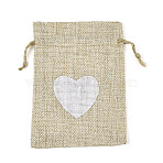 Burlap Packing Pouches, Drawstring Bags, Rectangle with Printed White Heart, Wheat, 13.5~14.5x9.5~10.5cm(ABAG-I001-03C)