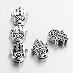 Tibetan Style Alloy Hamsa Hand/Hand of Fatima/Hand of Miriam Beads, Cadmium Free & Lead Free, Antique Silver, 12x10x4mm, Hole: 1.5mm(X-TIBEB-7722-AS-RS)