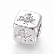 Brass Beads, with Micro Pave Cubic Zirconia, Cube with Bee, Clear, Platinum, 6x6x6mm, Hole: 3mm(KK-I657-06P)