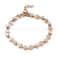 Crystal Cubic Zirconia Tennis Bracelet, Ion Plating(IP) 304 Stainless Steel Rhombus Link Chains Bracelet for Women, Rose Gold, 7-1/2 inch(19cm)(BJEW-E108-05RG)