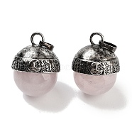 Natural Rose Quartz Sphere Pendants, Rack Plating Antique Silver Plated Brass Round Charms, Cadmium Free & Lead Free, 24~27x19.5x20mm, Hole: 6x4mm(G-Q163-07AS-01)