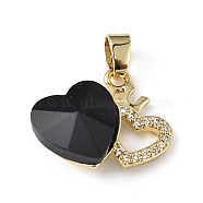 Real 18K Gold Plated Rack Plating Brass Micro Pave Clear Cubic Zirconia Pendants, with Glass, Long-Lasting Plated, Cadmium Free & Lead Free, Heart Charm, Black, 16x19.5x8mm, Hole: 5x3.2mm(KK-C015-18G-09)