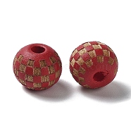 Wood Laser Engraved Tartan Beads, Round, Dyed, for DIY Craft, Dark Red, 9.5~10x8.5mm, Hole: 3mm(WOOD-I011-01A-03)