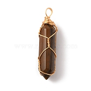 Natural Tiger Eye Double Terminated Pointed Pendants, with Golden Tone Copper Wire Wrapped, Faceted Bullet Charm, 41.5x9.5x8.5mm, Hole: 4x2.3mm(G-TAC0010-04G-05)