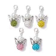 Angel Polymer Clay Rhinestone Bead & Glass Pearl Pendant Decorations, with Alloy Lobster Claw Clasps, Mixed Color, 34mm(HJEW-JM01361)