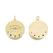 Brass Pave Cubic Zirconia Pendants, with Jump Rings, Nickel Free, Real 18K Gold Plated, Flat Round with Eye, Colorful, 27x24.5x3mm, Jump Ring: 6x1mm, 4mm inner diameter(KK-N231-348A-01)