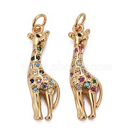 Brass Micro Pave Colorful Cubic Zirconia Pendants, Long-Lasting Plated, with Jump Rings, Giraffe, Real 18K Gold Plated, 26x8x3mm(ZIRC-Z011-11G)