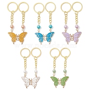 5 Pairs 5 Colors Butterfly Alloy Enamel Keychains, with Glass Pearl Beads and Iron Split Key Rings, Mixed Color, 10cm, 1 pair/color(KEYC-JKC00712)