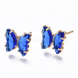Cubic Zirconia Butterfly Stud Earrings with Glass, Brass Jewelry for Women, Long-Lasting Plated, Light Gold, Royal Blue, 10x11.5mm, Pin: 0.7mm(KK-S365-003D)