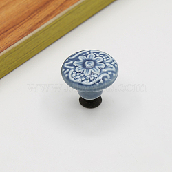 Porcelain Cabinet Door Knobs, Kitchen Drawer Pulls Cabinet Handles, Flat Round with Flower Pattern, Cornflower Blue, 34x32mm(CABI-PW0001-075D)