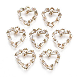 Brass Micro Pave Cubic Zirconia Charms, Long-Lasting Plated, Heart, Light Gold, Clear, 13.5x13x3mm, Hole: 1.2mm(X-KK-R111-066)