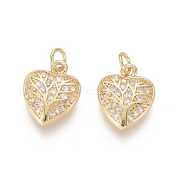 Golden Plated Brass Charms, with Cubic Zirconia and Jump Rings, Heart with Tree of Life, Clear, 12.5x10x2mm, Hole: 2.5mm(ZIRC-L087-038G)