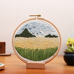 DIY Flower and Mountain Embroidery Kit, Including Imitation Bamboo Frame, Iron Pins, Cloth, Colorful Threads, Wheat, 213x201x9.5mm, Inner Diameter: 183mm(DIY-O021-12A)