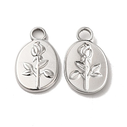 304 Stainless Steel Pendants, Oval with Flower Charm, Stainless Steel Color, 17x11x2mm, Hole: 3mm(STAS-H212-23P)