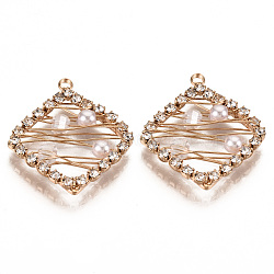 Brass Wire Wrapped Pendants, with Crystal Rhinestone and ABS Plastic Imitation Pearl, Rhombus, Light Gold, 23x20x3mm, Hole: 1.6mm, Diagonal Length: 23mm, Side Length: 16mm(KK-R113-02KC)