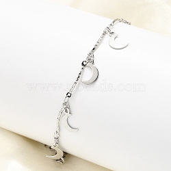 304 Stainless Steel Moon Charm Bracelets, Bar Link Chains Bracelets for Women, Stainless Steel Color, 6-3/4 inch(17.2cm) Long+30mm Extender(BJEW-R021-01P)