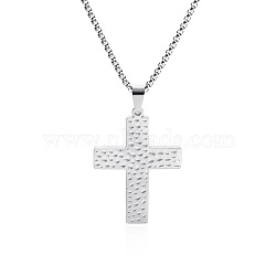 201 Stainless Steel Religion Textured Crosss Pendant Necklaces for Unisex, Tarnish Free, Stainless Steel Color, 23.62 inch(60cm), Pendant: 47x32mm(WG00A63-01)