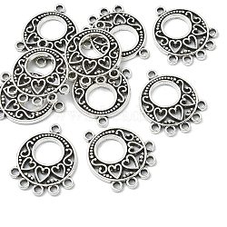 Tibetan Style Alloy Chandelier Component Links, Hollow-out, Cadmium Free & Lead Free, Flat Round with Heart, Antique Silver, 24x20x2mm, Hole: 1.8mm(TIBE-YW0001-51)