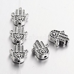 Tibetan Style Alloy Hamsa Hand/Hand of Fatima/Hand of Miriam Beads, Cadmium Free & Lead Free, Antique Silver, 12x10x4mm, Hole: 1.5mm(X-TIBEB-7722-AS-RS)