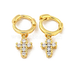 Brass Micro Pave Cubic Zirconia Hoop Earring, Real 18K Gold Plated, Cross, 14x5mm(EJEW-C088-01A-G)