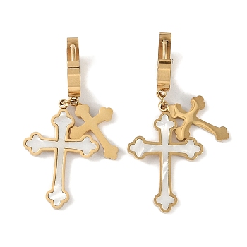 Cross 304 Stainless Steel Shell Stud Earrings, Dangle Earrings for Women, Real 18K Gold Plated, 42x18mm