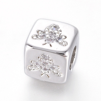 Brass Beads, with Micro Pave Cubic Zirconia, Cube with Bee, Clear, Platinum, 6x6x6mm, Hole: 3mm