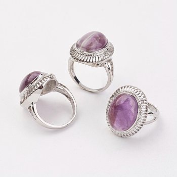 Natural Amethyst Finger Rings, with Brass Ring Finding, Platinum, Oval, Size 8, 18mm