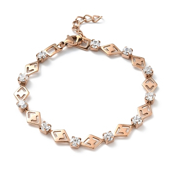 Crystal Cubic Zirconia Tennis Bracelet, Ion Plating(IP) 304 Stainless Steel Rhombus Link Chains Bracelet for Women, Rose Gold, 7-1/2 inch(19cm)