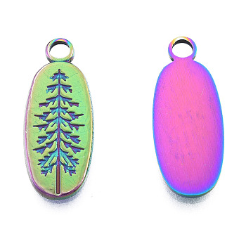 Ion Plating(IP) 201 Stainless Steel Pendants, Oval with Tree, Rainbow Color, 24x9.5x1.5mm, Hole: 2.5mm