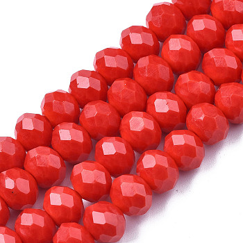 Electroplate Glass Beads Strands, Pearl Luster Plated, Faceted, Rondelle, Red, 3.5~3.8x3mm, Hole: 0.4mm, about 113~115pcs/strand, 32.5~33cm