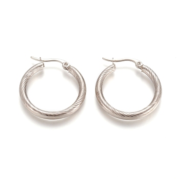 304 Stainless Steel Geometric Hoop Earrings, Hypoallergenic Earrings, Twist Ring, Stainless Steel Color, 26x3mm, 9 Gauge, Pin: 1x0.6mm