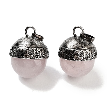 Natural Rose Quartz Sphere Pendants, Rack Plating Antique Silver Plated Brass Round Charms, Cadmium Free & Lead Free, 24~27x19.5x20mm, Hole: 6x4mm