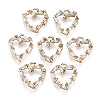 Brass Micro Pave Cubic Zirconia Charms, Long-Lasting Plated, Heart, Light Gold, Clear, 13.5x13x3mm, Hole: 1.2mm