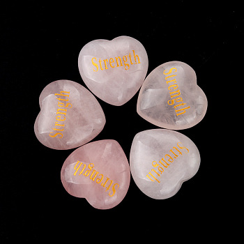 Natural Rose Quartz Display Decorations, Home Decoration, Heart with Word Strength, 30x30x13mm
