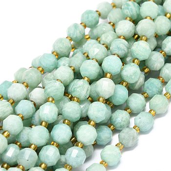 Natural Amazonite Beads Strands, with Seed Beads, Faceted, Bicone, Double Terminated Point Prism Beads, 7~8x7~8mm, Hole: 0.8mm, about 38pcs/strand, 15.35 inch(39cm)