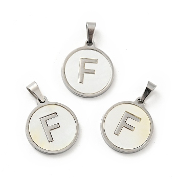 304 Stainless Steel with White Shell Pendants, Stainless Steel Color, Flat Round with Letter Charm, Letter.F, 18x16x1.5mm, Hole: 3x6mm