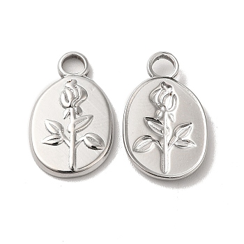 304 Stainless Steel Pendants, Oval with Flower Charm, Stainless Steel Color, 17x11x2mm, Hole: 3mm