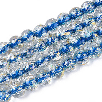 Crackle Transparent Glass Beads Strands, Round, with Gold Foil, Dodger Blue, 8~8.5mm, Hole: 0.8~0.9mm, about 103~105pcs/strand, 30.51 inch(77.5~78.5cm)