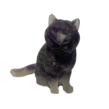 Resin Cat Display Decoration, with Natural Amethyst Chips inside Statues for Home Office Decorations, 60x70x75mm