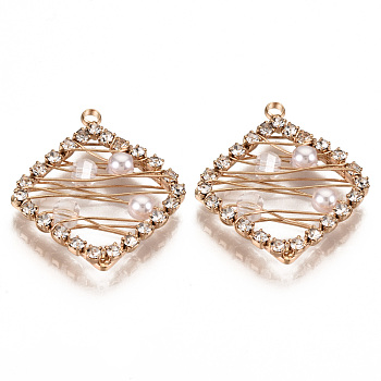 Brass Wire Wrapped Pendants, with Crystal Rhinestone and ABS Plastic Imitation Pearl, Rhombus, Light Gold, 23x20x3mm, Hole: 1.6mm, Diagonal Length: 23mm, Side Length: 16mm
