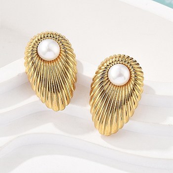 304 Stainless Steel Stud Earrings, with Freshwater Pearl Beads, Teardrop, Ion Plating(IP), Real 18K Gold Plated, 24x15mm